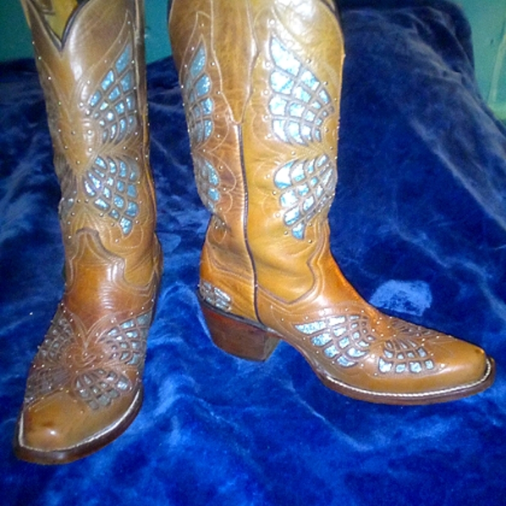 Authentic McAllen Woman's cowboy boots, size 6.5, brown w/blue glitter inlays